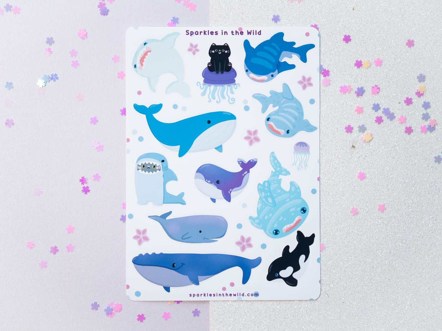 Feuille d’autocollants Baleines et Chatons Kawaii