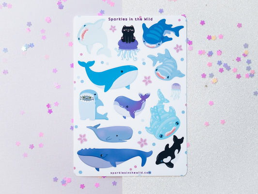 Feuille d’autocollants Baleines et Chatons Kawaii