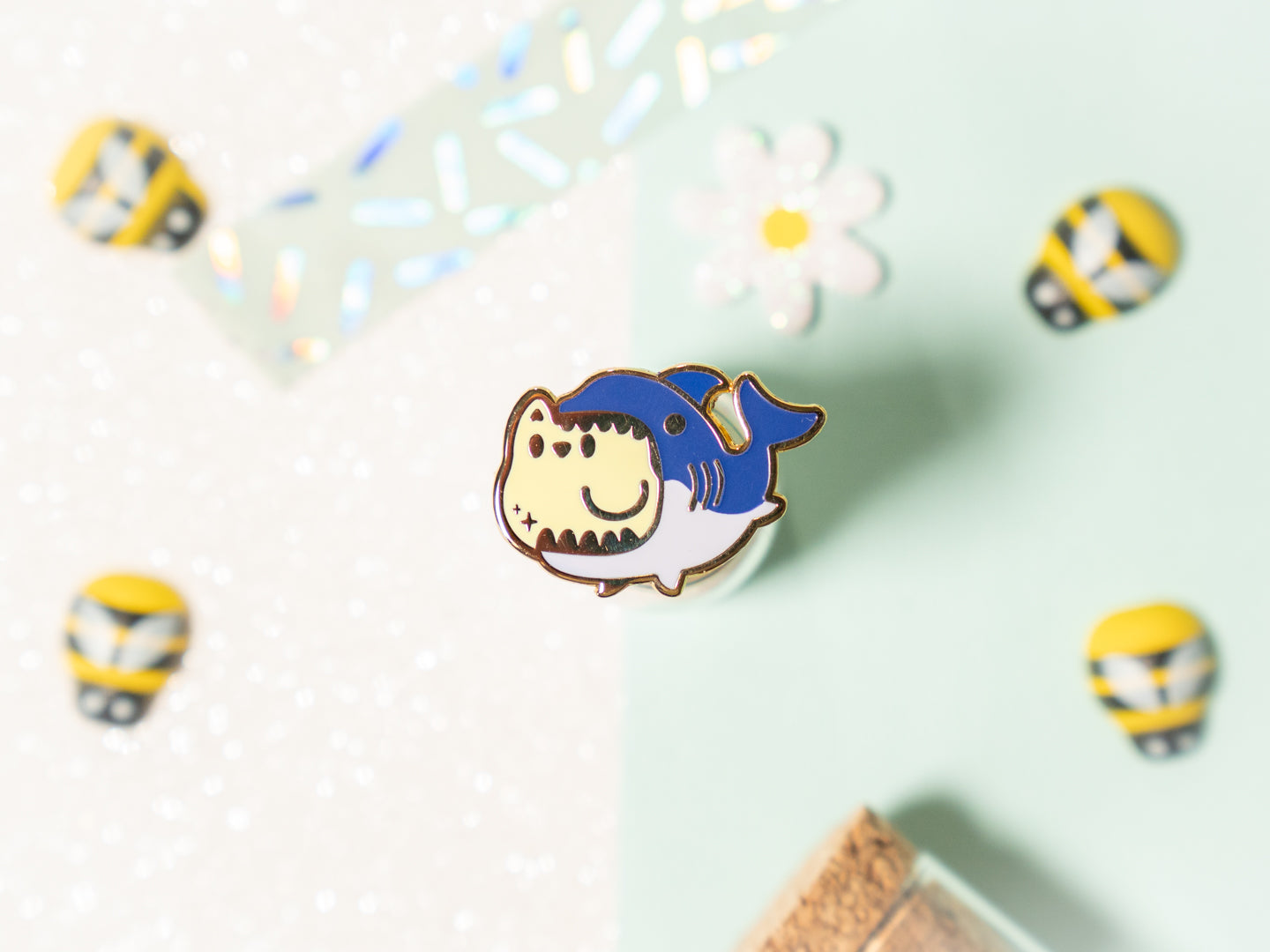Mini Cute Cat & Shark Friends Enamel Pin - Tinycats