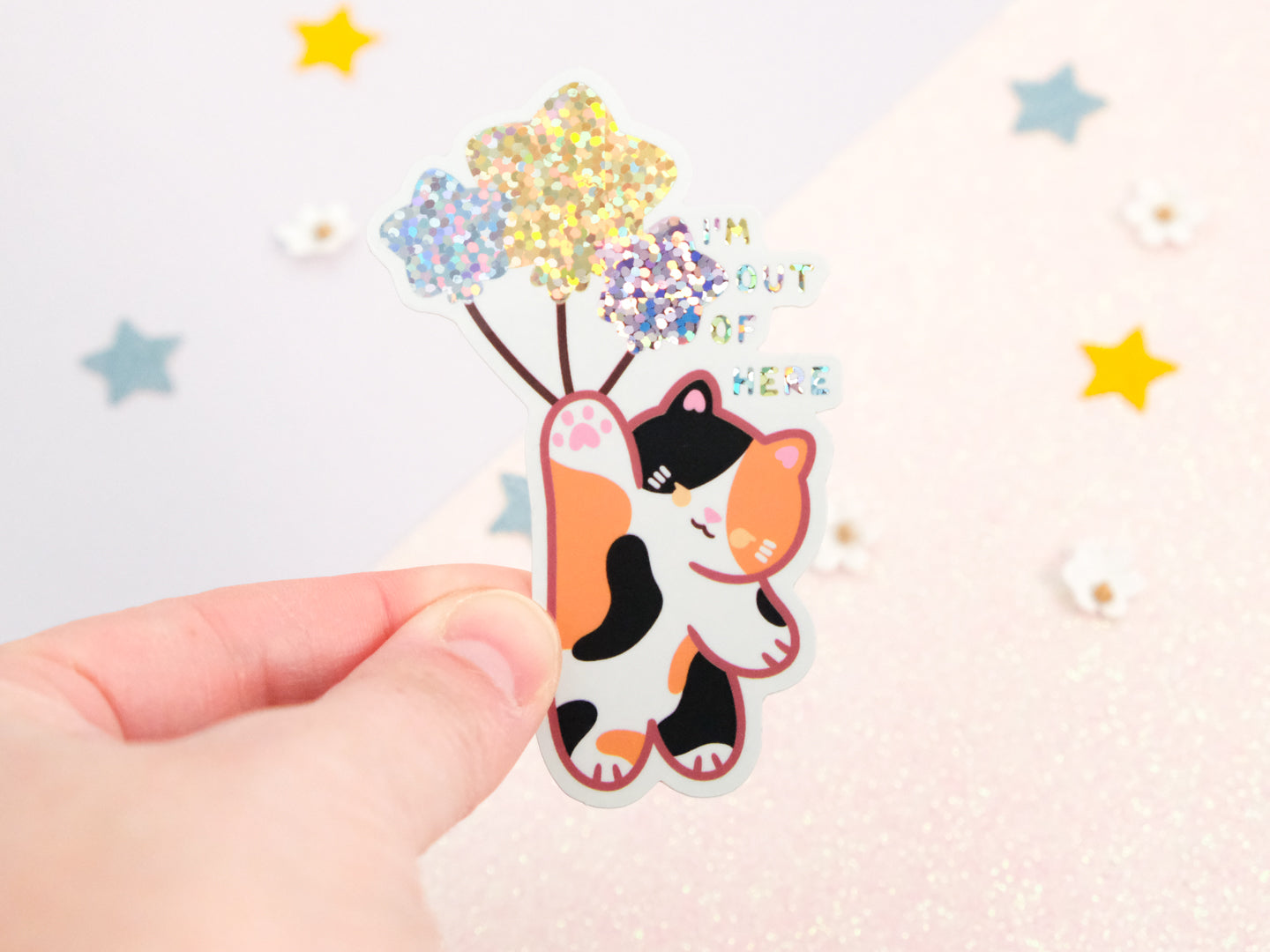 Calico Cat Balloon Glitter Sticker