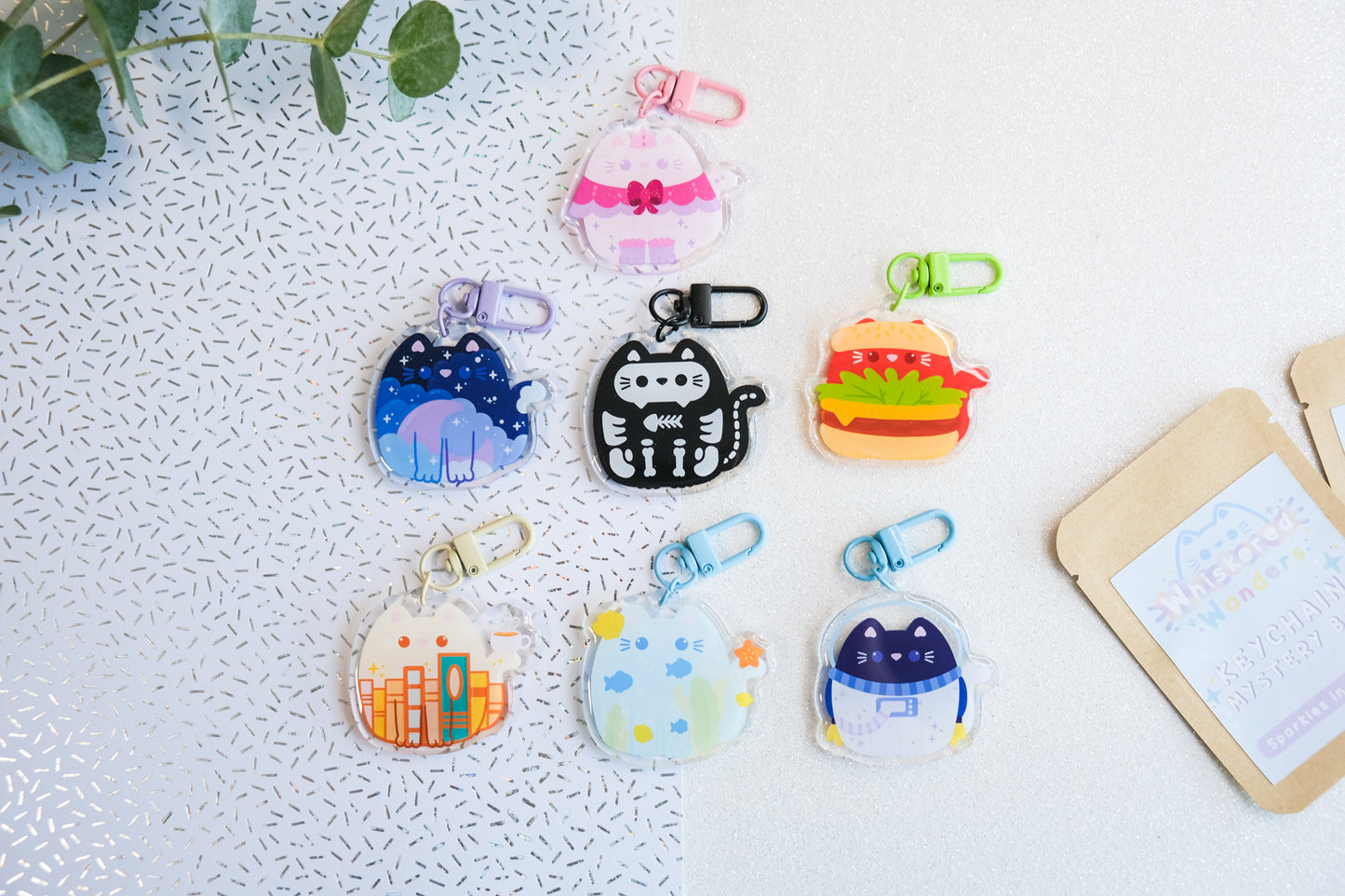 Sac mystère porte-clés chat Kawaii - Série bleue - Collection Whiskered Wonders