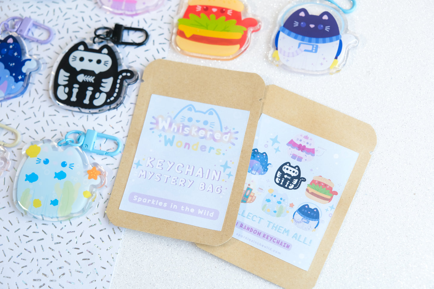 Sac mystère porte-clés chat Kawaii - Série bleue - Collection Whiskered Wonders