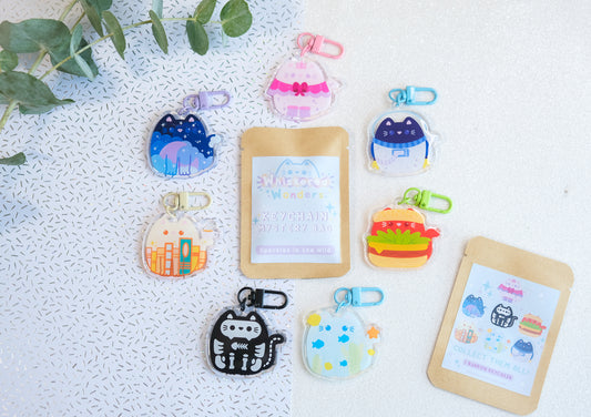 Sac mystère porte-clés chat Kawaii - Série bleue - Collection Whiskered Wonders