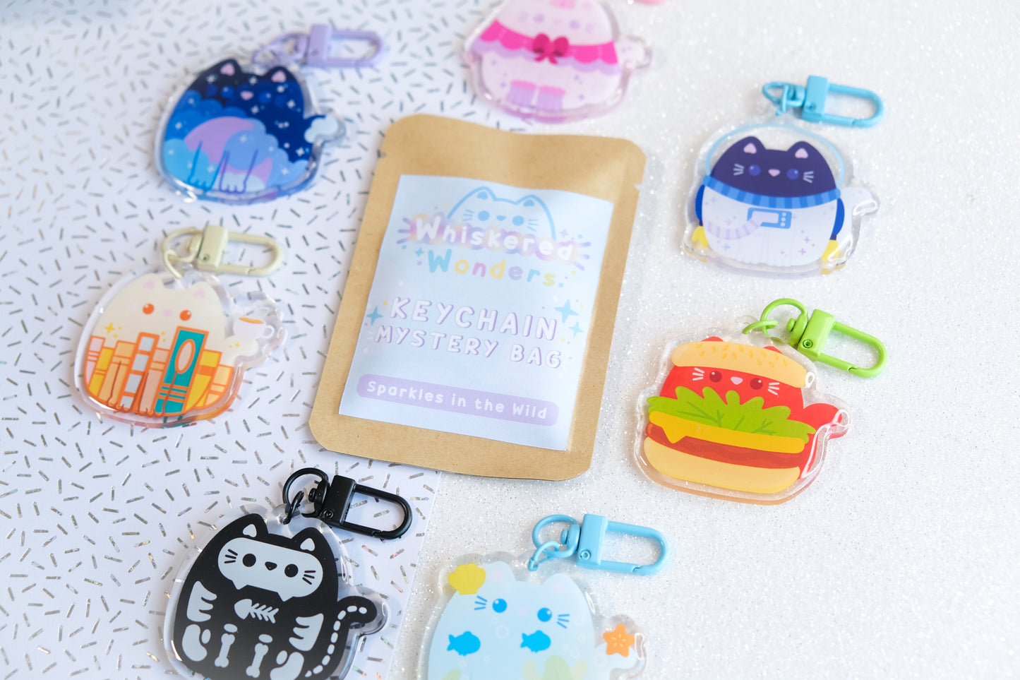 Sac mystère porte-clés chat Kawaii - Série bleue - Collection Whiskered Wonders