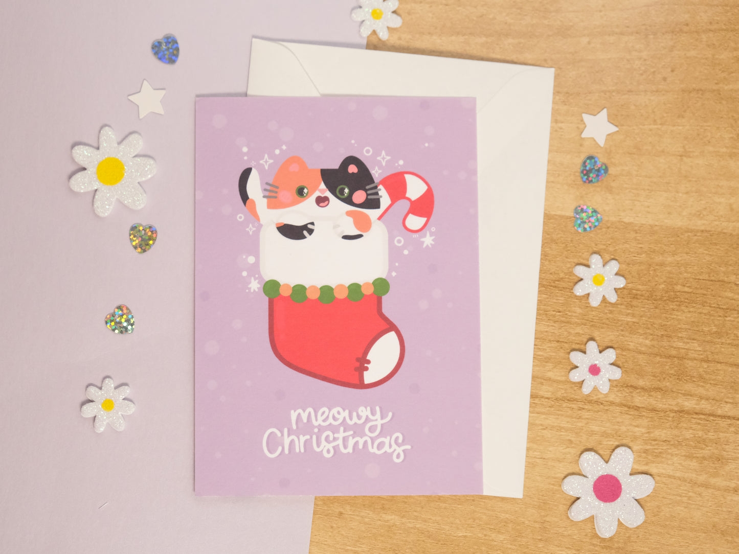 Carte de Vœux de Noël Chat Calico et Chaussette de Noël