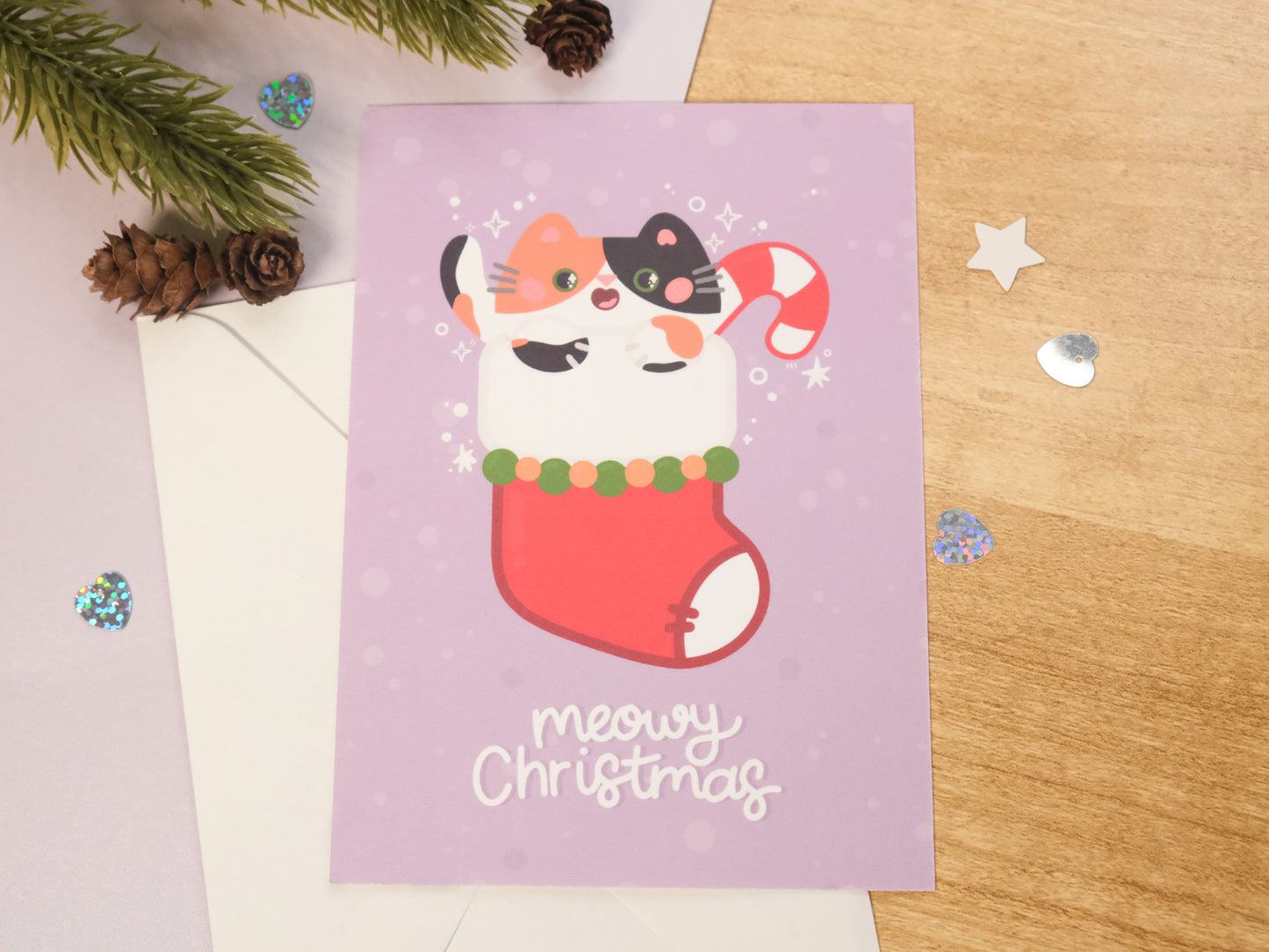 Carte de Vœux de Noël Chat Calico et Chaussette de Noël