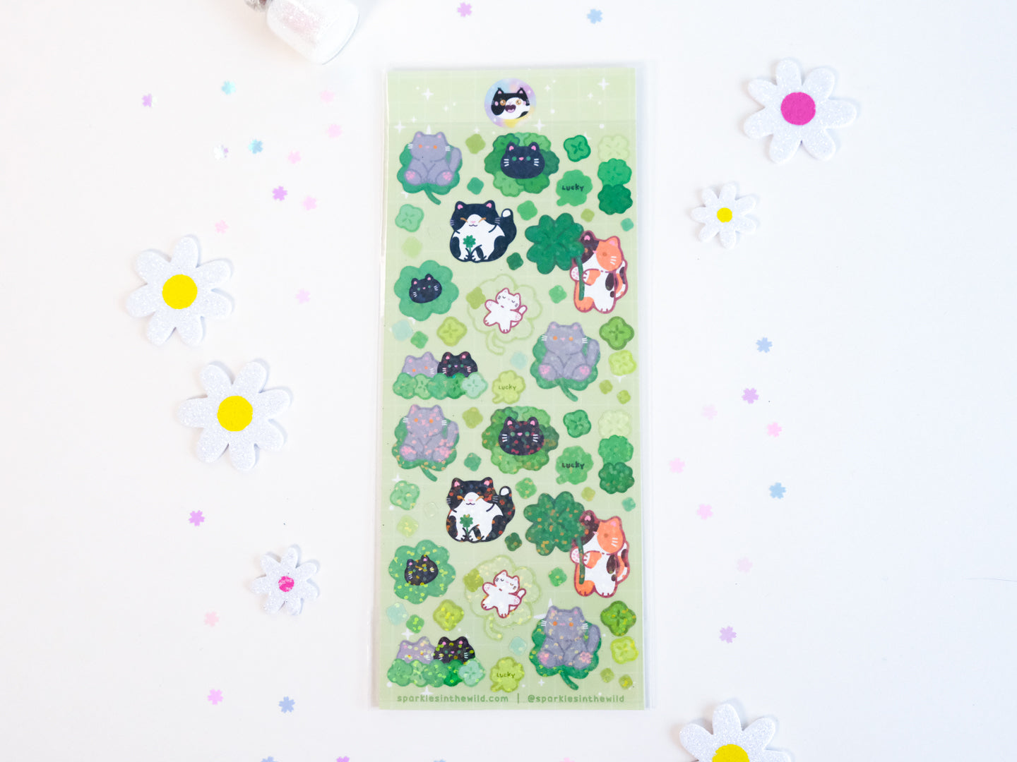 Feuille d'autocollants deco Paillettes Chat Trèfle