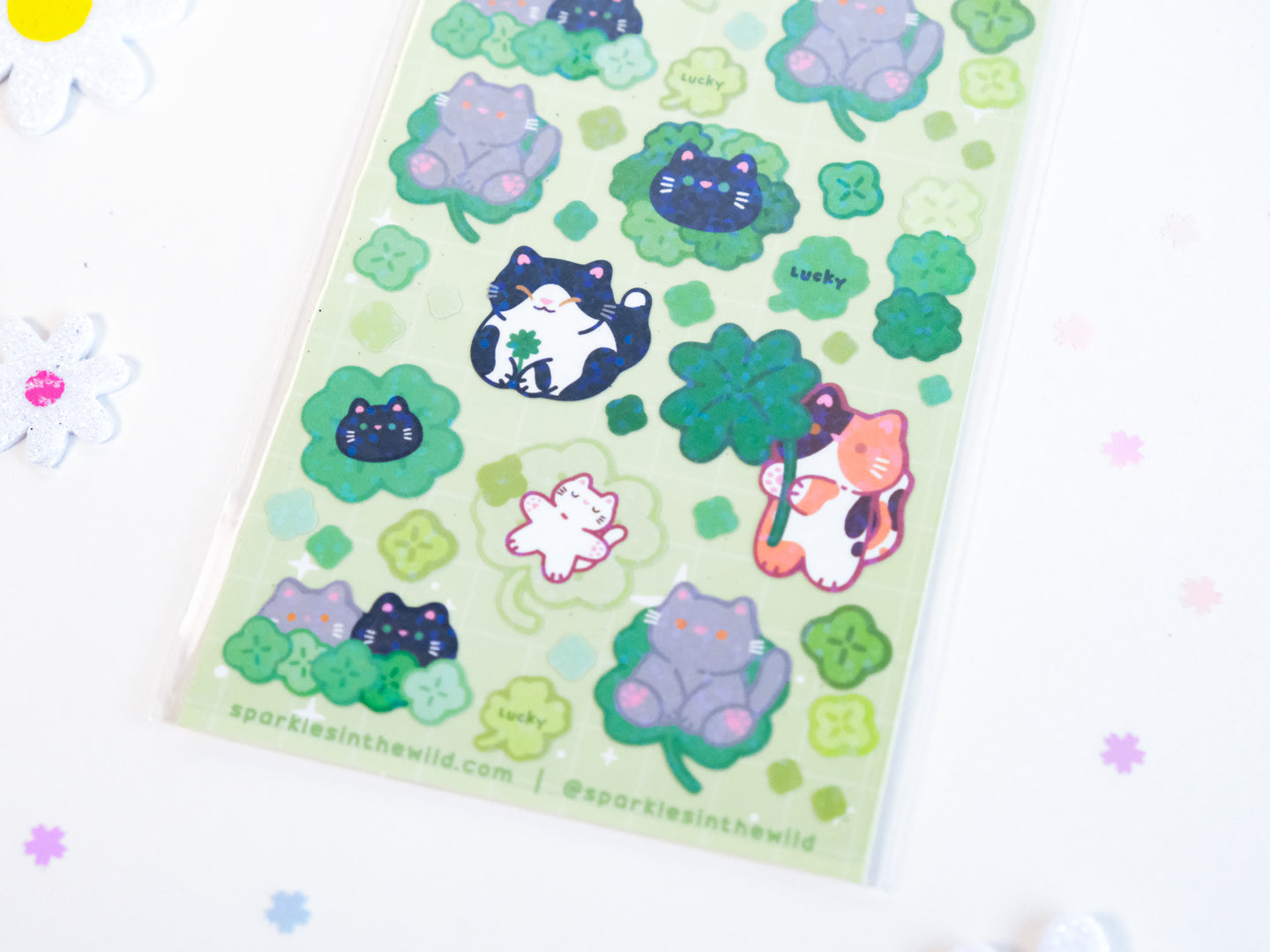 Feuille d'autocollants deco Paillettes Chat Trèfle