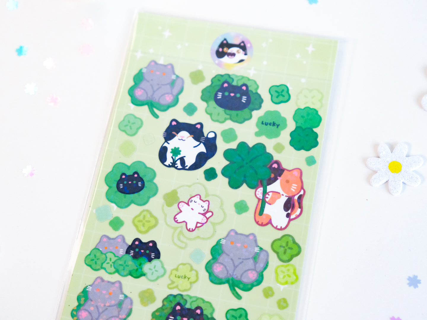 Feuille d'autocollants deco Paillettes Chat Trèfle