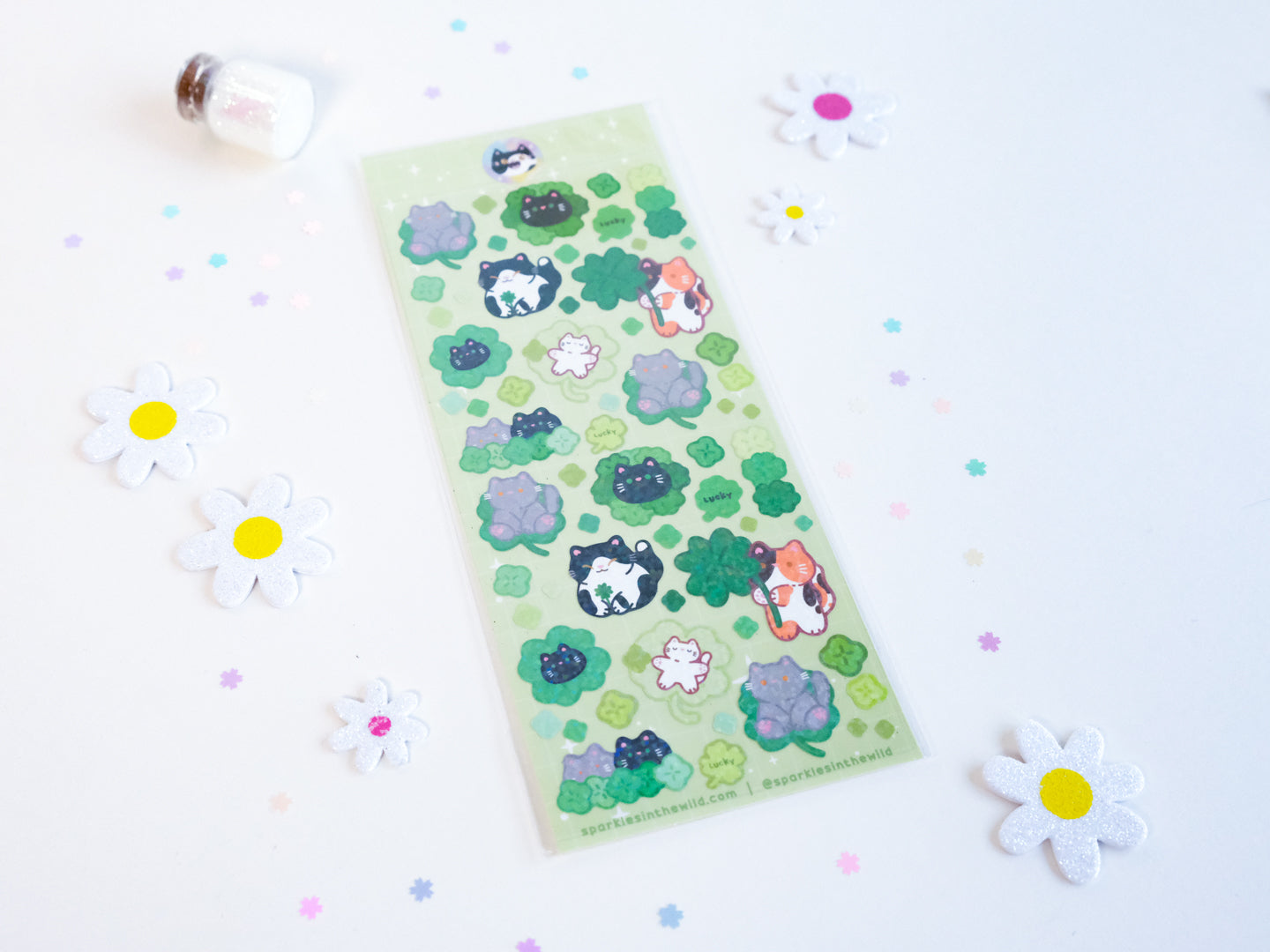Feuille d'autocollants deco Paillettes Chat Trèfle