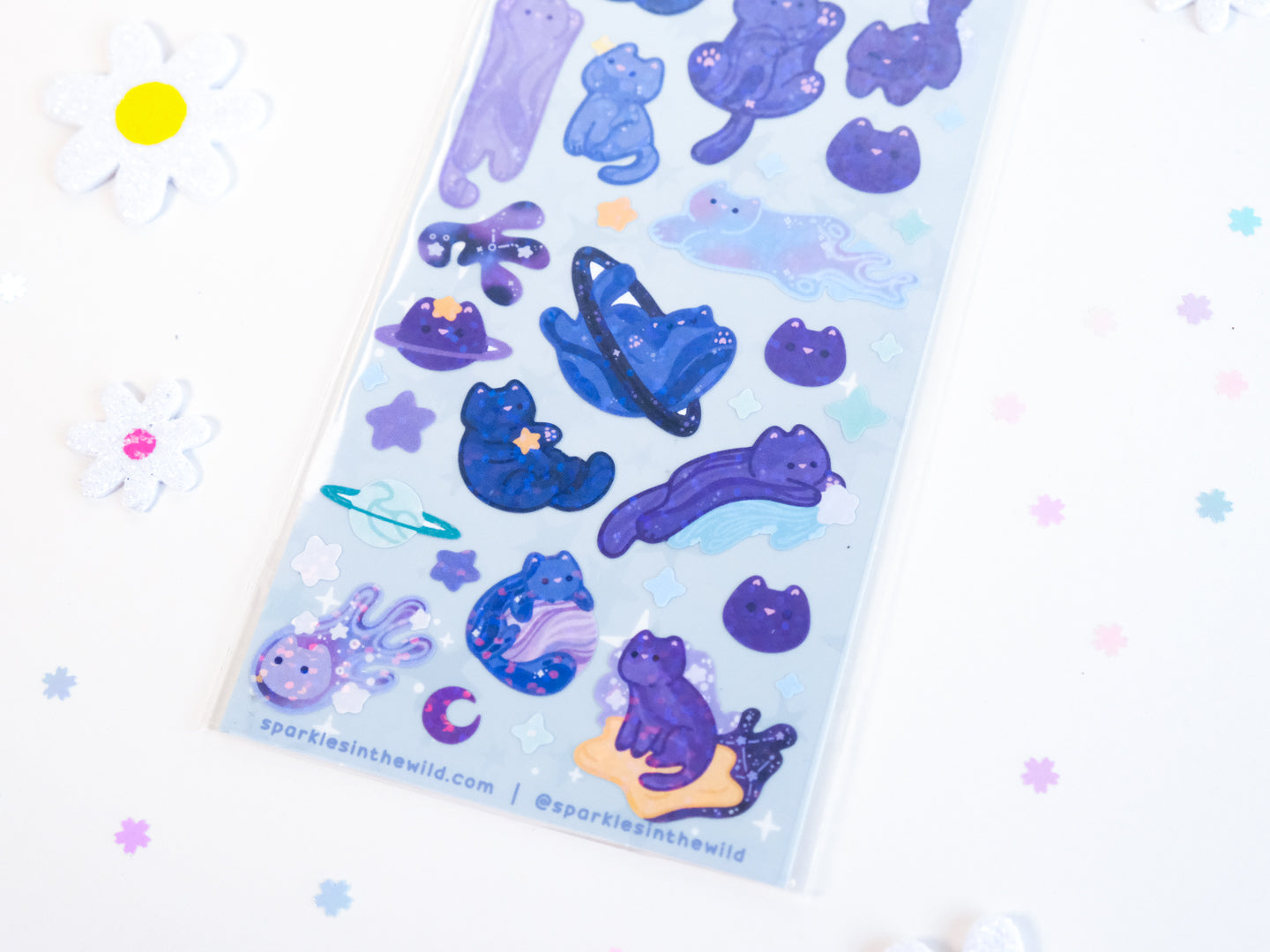 Feuille d'autocollants deco Paillettes Chat Galaxy