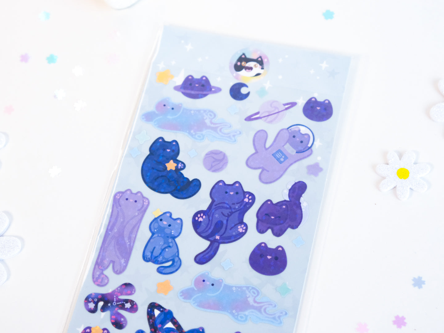 Feuille d'autocollants deco Paillettes Chat Galaxy