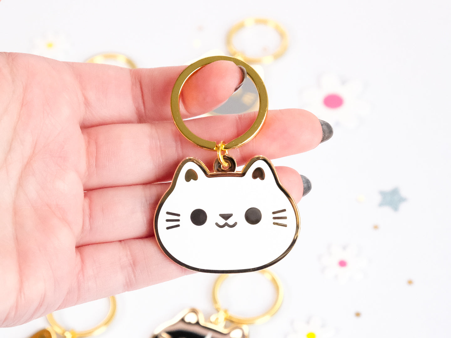 Porte-clés en émail Tête de Chat Rond et Mignon