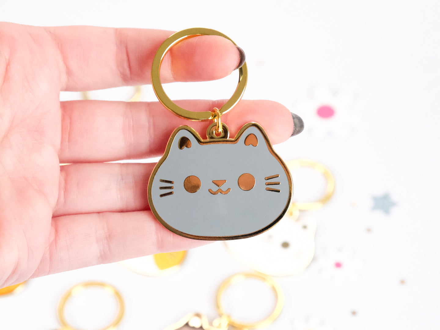 Porte-clés en émail Tête de Chat Rond et Mignon