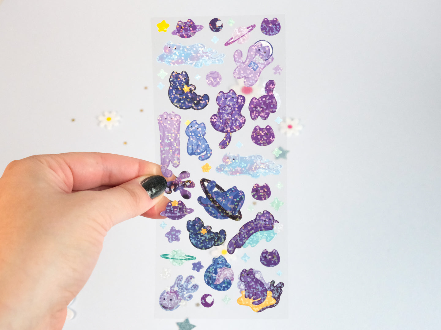 Feuille d'autocollants deco Paillettes Chat Galaxy