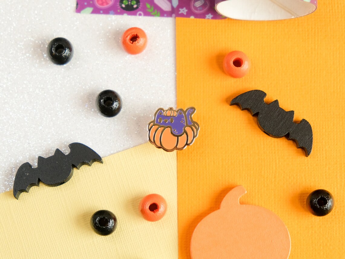 Mini Cute Cat with Halloween Pumpkin Enamel Pin 2023 - Tinycats