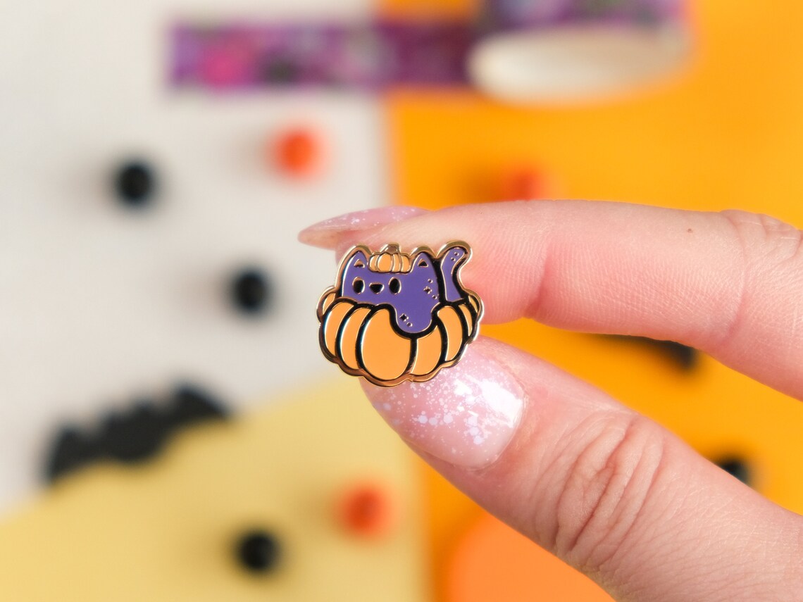 Mini Cute Cat with Halloween Pumpkin Enamel Pin 2023 - Tinycats