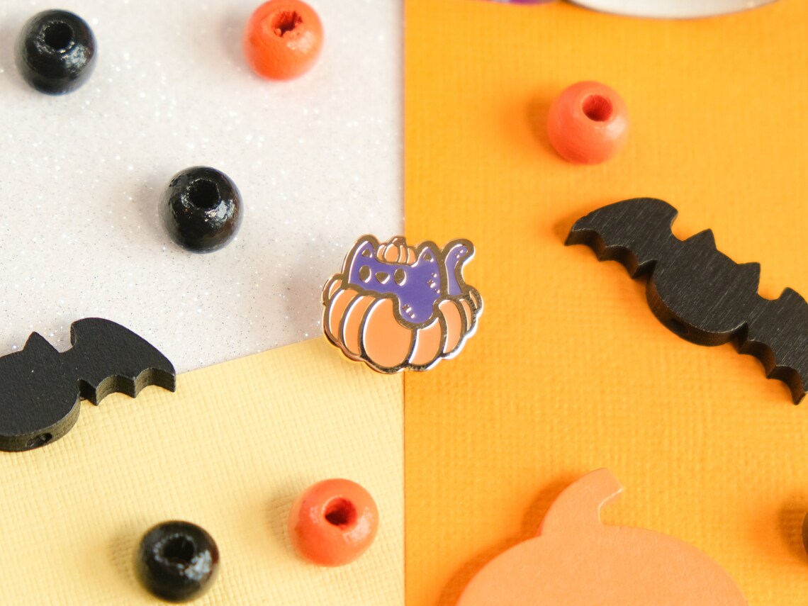 Mini Cute Cat with Halloween Pumpkin Enamel Pin 2023 - Tinycats