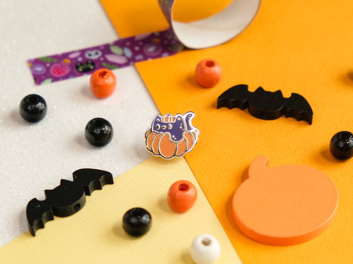 Mini Cute Cat with Halloween Pumpkin Enamel Pin 2023 - Tinycats