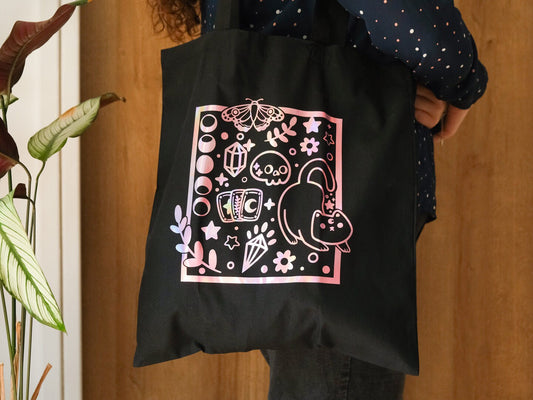 Tote-bag Noir Holographique - Chat ésotérique et carte de tarot
