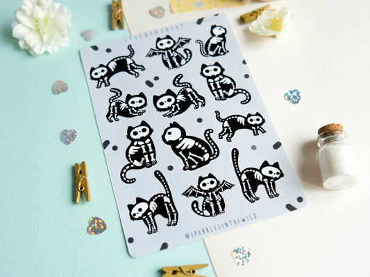 Feuille d’autocollants de chat squelette