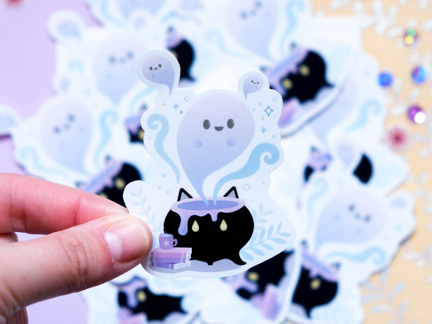 Sticker water resistant magic cauldron for Halloween with cute blue ghost perfect to decorate every surface