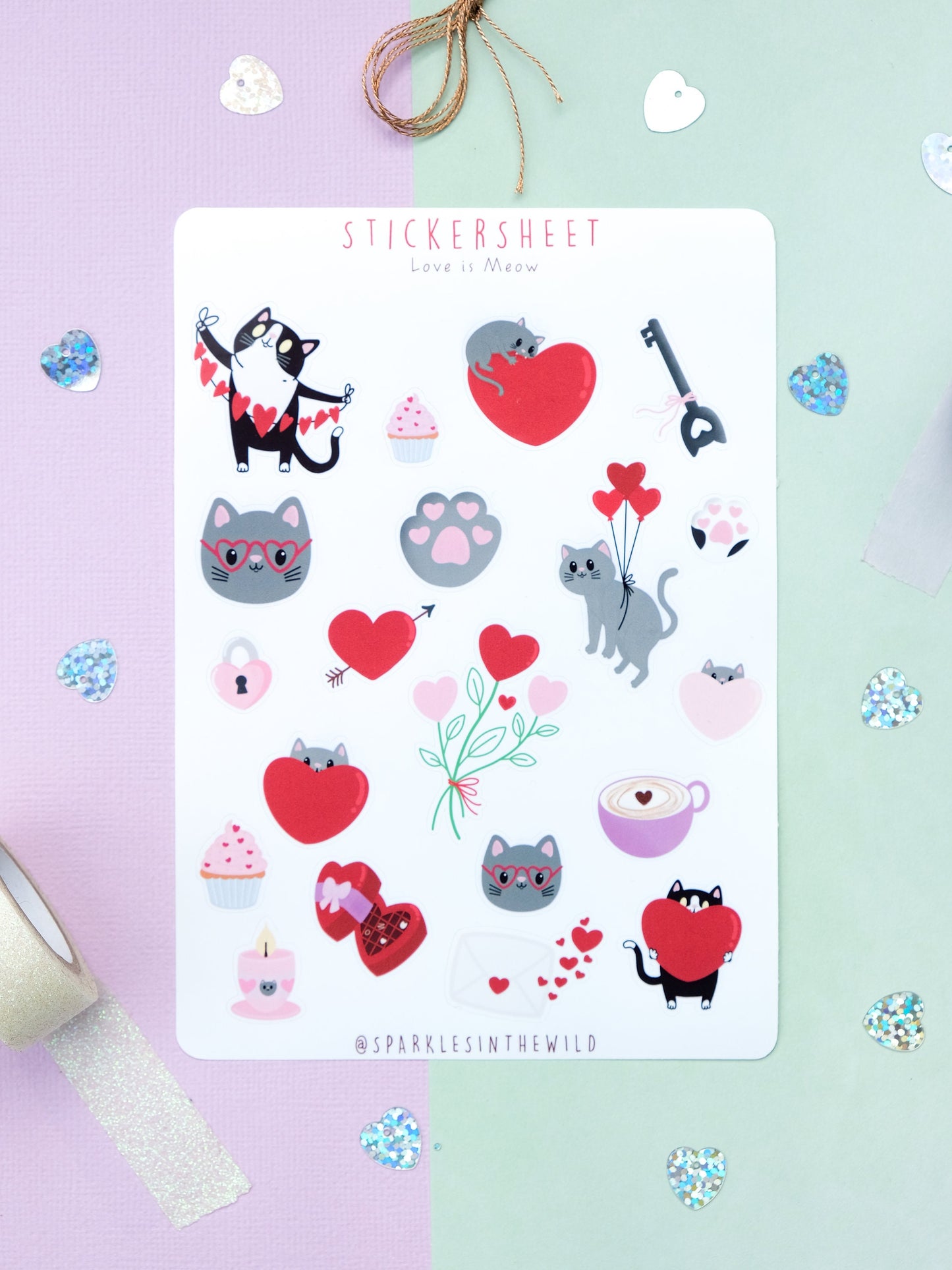 Love Sticker sheet - Cat and heart Sticker sheet - Scrapbooking Stickers - Kawaii Cute Cat Stickers