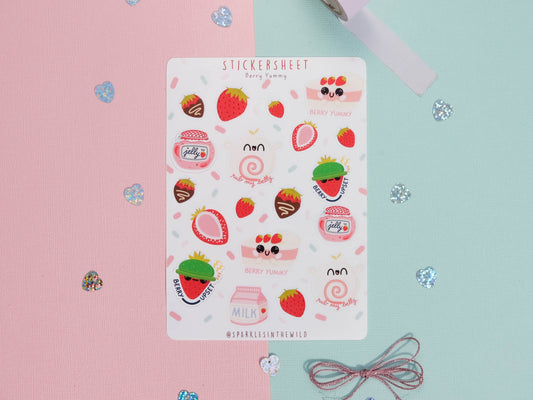 Sticker sheet Kawaii Strawberries - Sticker Sheet Berries - Planner Stickers - Scrapbook Stickers - Set of Sticker for Bullet Journal