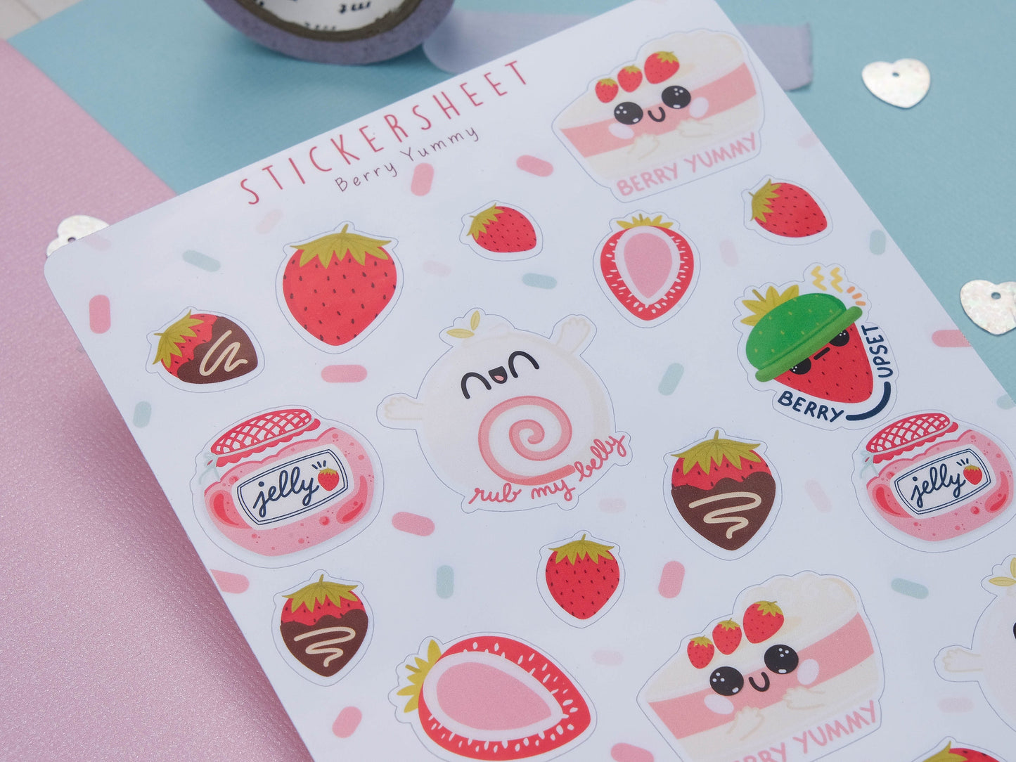 Sticker sheet Kawaii Strawberries - Sticker Sheet Berries - Planner Stickers - Scrapbook Stickers - Set of Sticker for Bullet Journal