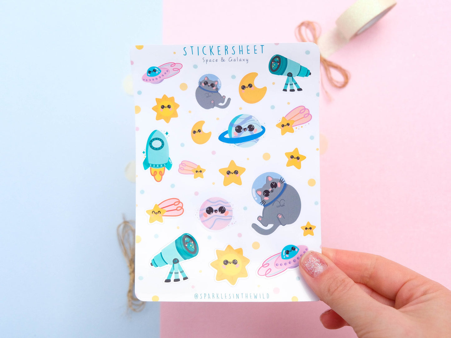 Sticker sheet Kawaii Space and Galaxy - Sticker Sheet Astronaut cat - Planner Stickers - Set of Sticker for Bullet Journal