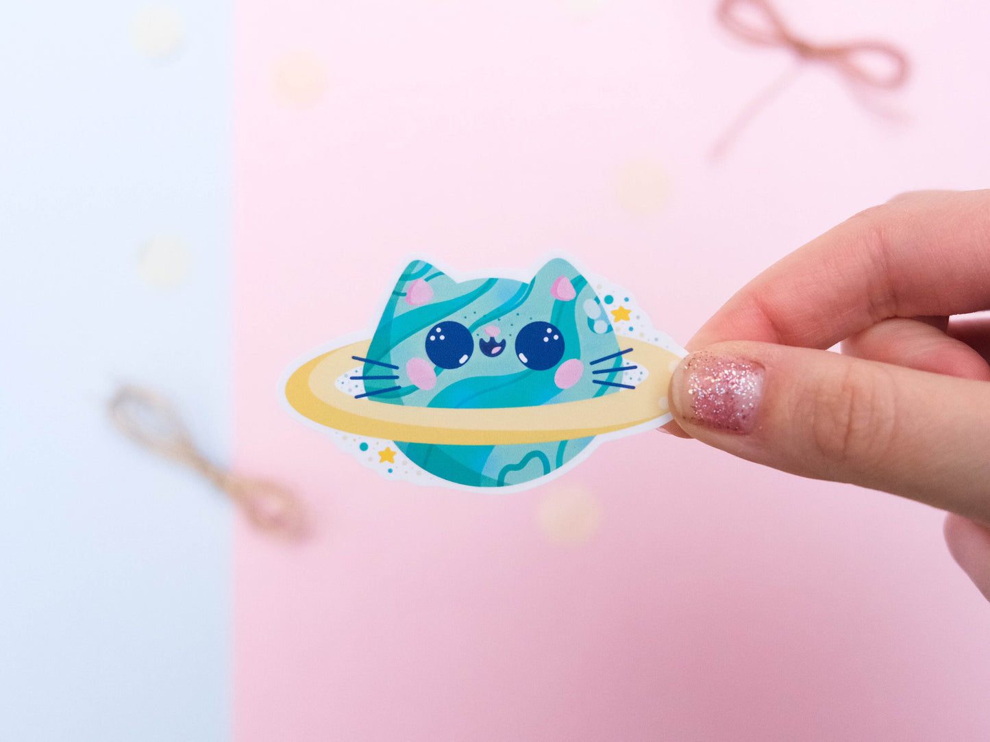Sticker Cute Little Planet Cat - Galaxy Sticker - Water Resistant Sticker - Cute Saturn Cat Sticker for Laptop
