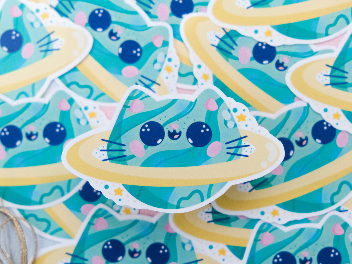Sticker Cute Little Planet Cat - Galaxy Sticker - Water Resistant Sticker - Cute Saturn Cat Sticker for Laptop
