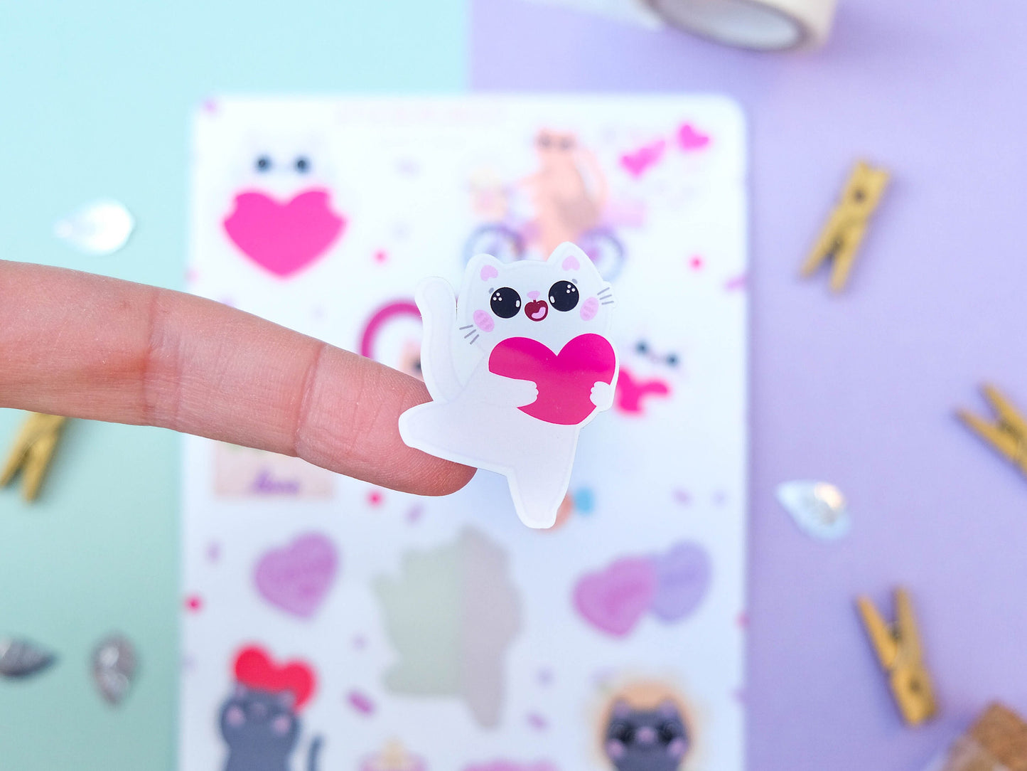 Sticker sheet water resistant Love and Hearts - Sticker Sheet Love is Loe with cats - Planner Stickers - Set of Sticker for Bullet Journal