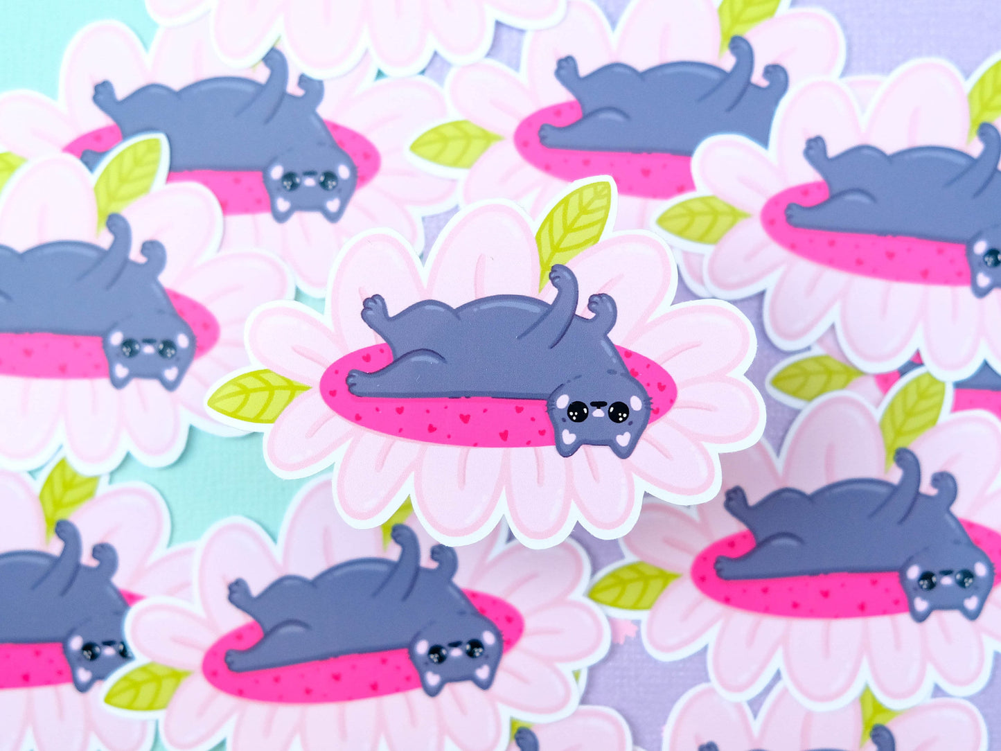 Sticker water resistant Spring pink flower with grey cat perfect to decorate every surface