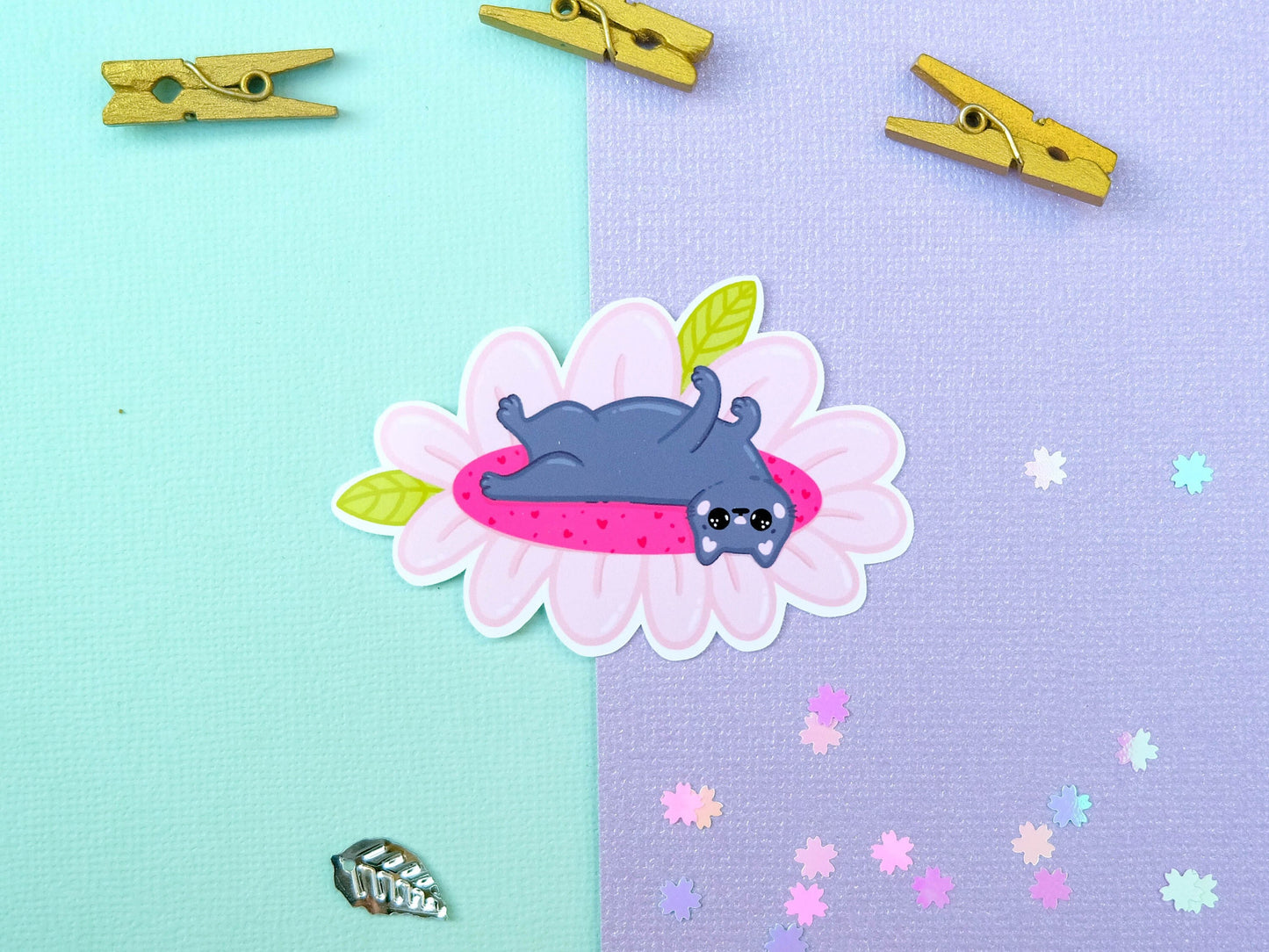 Sticker water resistant Spring pink flower with grey cat perfect to decorate every surface