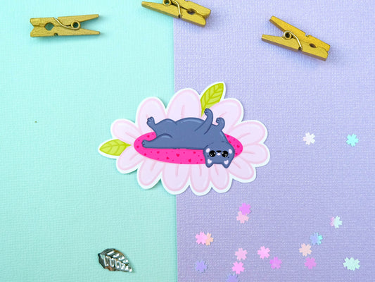 Sticker water resistant Spring pink flower with grey cat perfect to decorate every surface