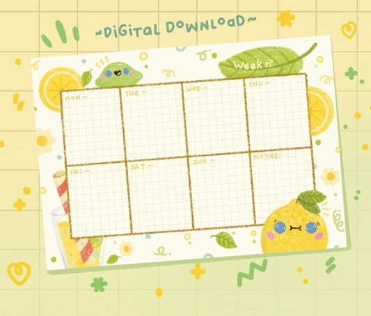 Weekly planner printable cute with lemons and limonade, A4 sheet to download and print at home