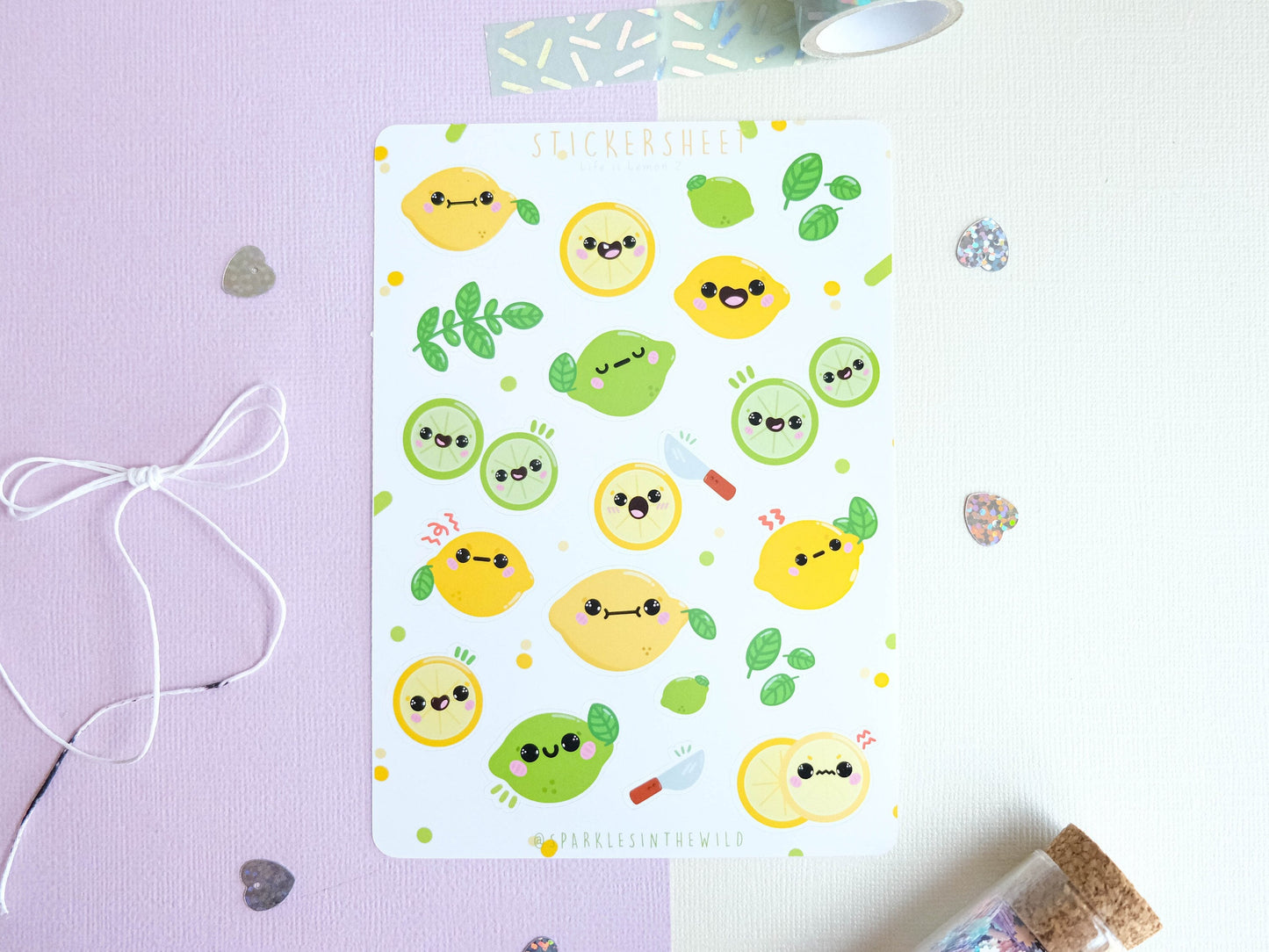 Stickersheet water resistant Lemon and Lime Kawaii to decorate bullet journal and planner