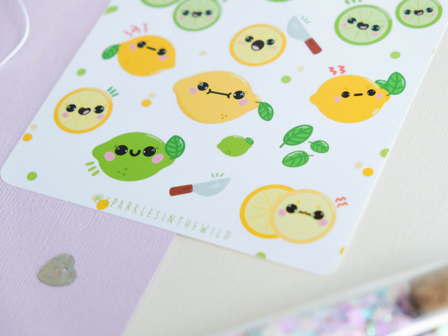 Stickersheet water resistant Lemon and Lime Kawaii to decorate bullet journal and planner