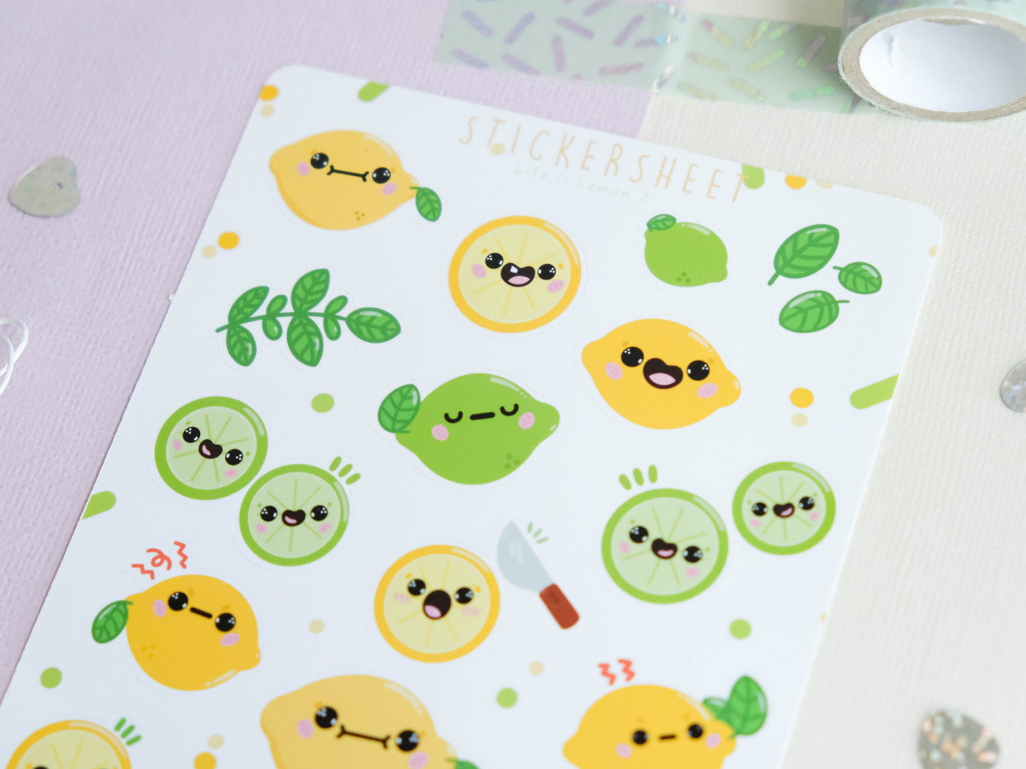Stickersheet water resistant Lemon and Lime Kawaii to decorate bullet journal and planner