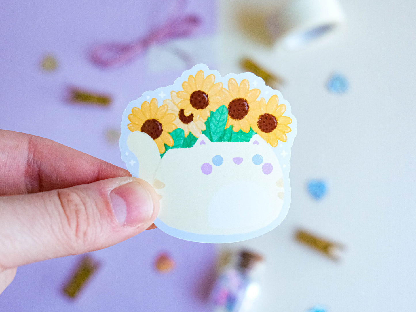 Sticker water resistant Kawaii Cat with Sunflowers to decorate bullet journal and phone case