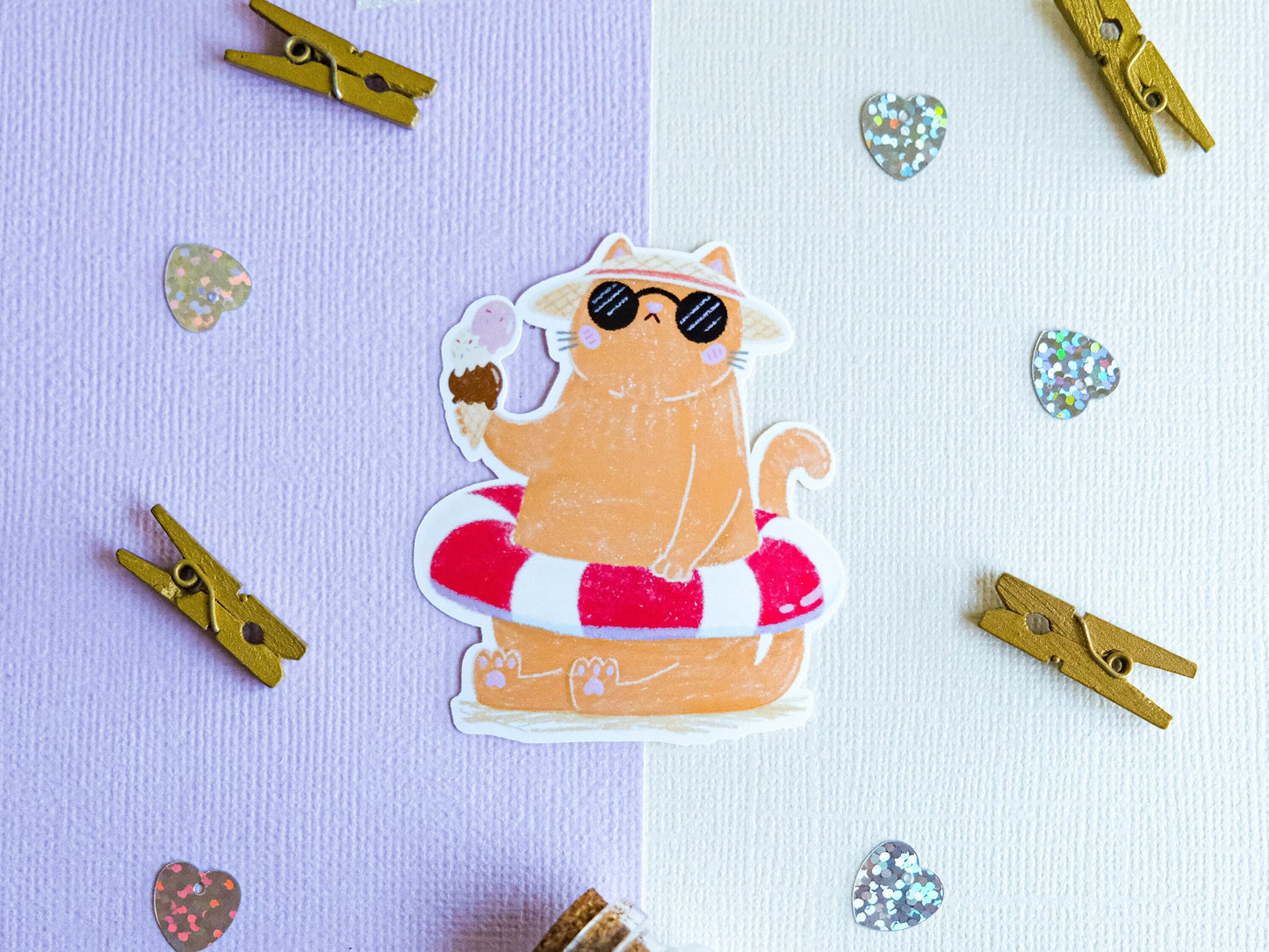 Sticker water resistant Ginger Cat with ice cream ready for Summer and Beach to decorate bullet journal and phone case