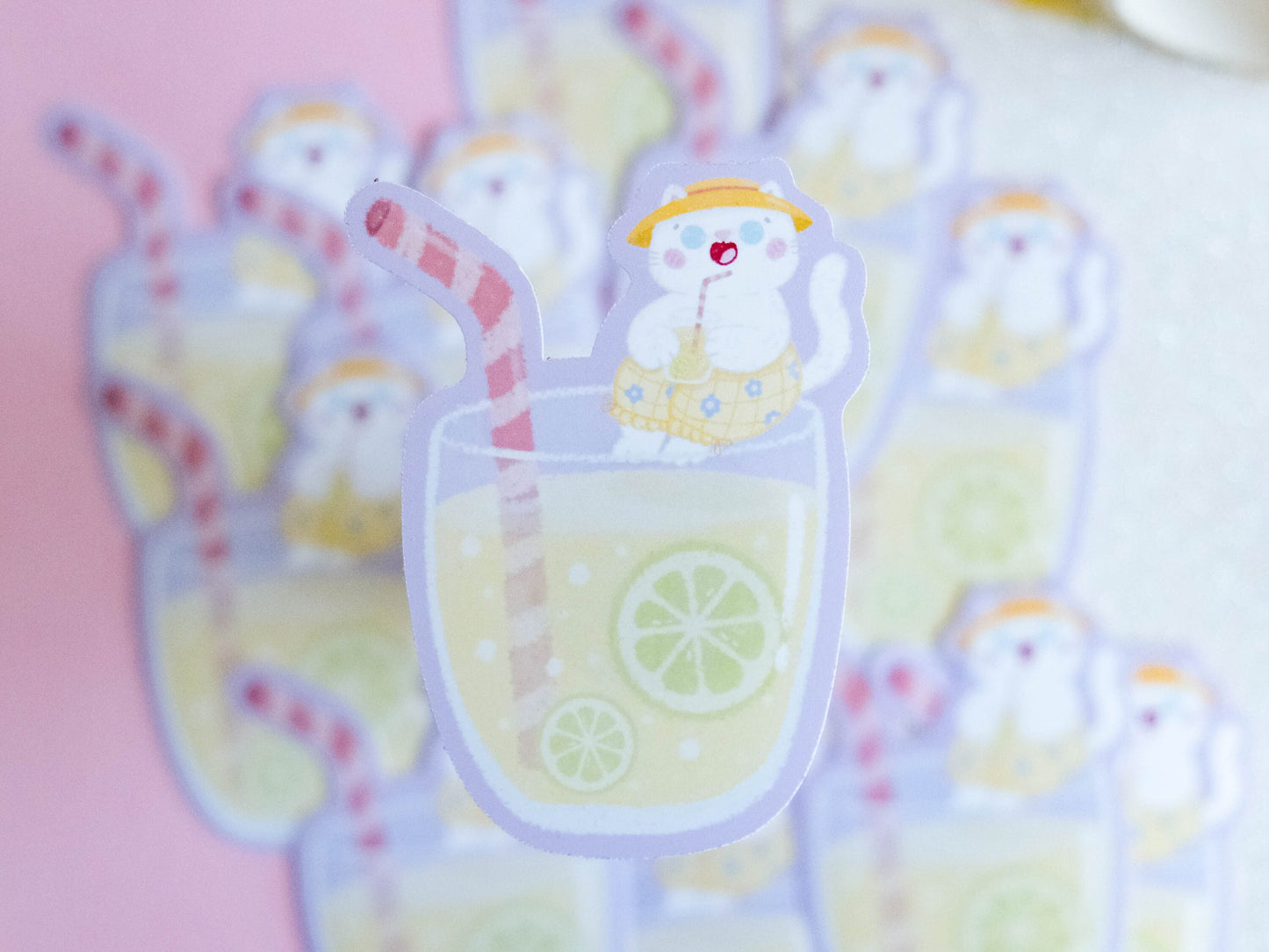 Sticker water resistant White Cat Lemonade ready for Summer and Beach to decorate bullet journal and phone case