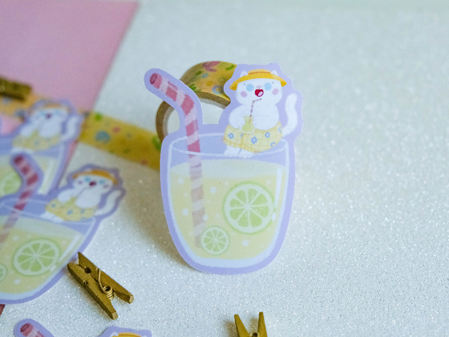 Sticker water resistant White Cat Lemonade ready for Summer and Beach to decorate bullet journal and phone case