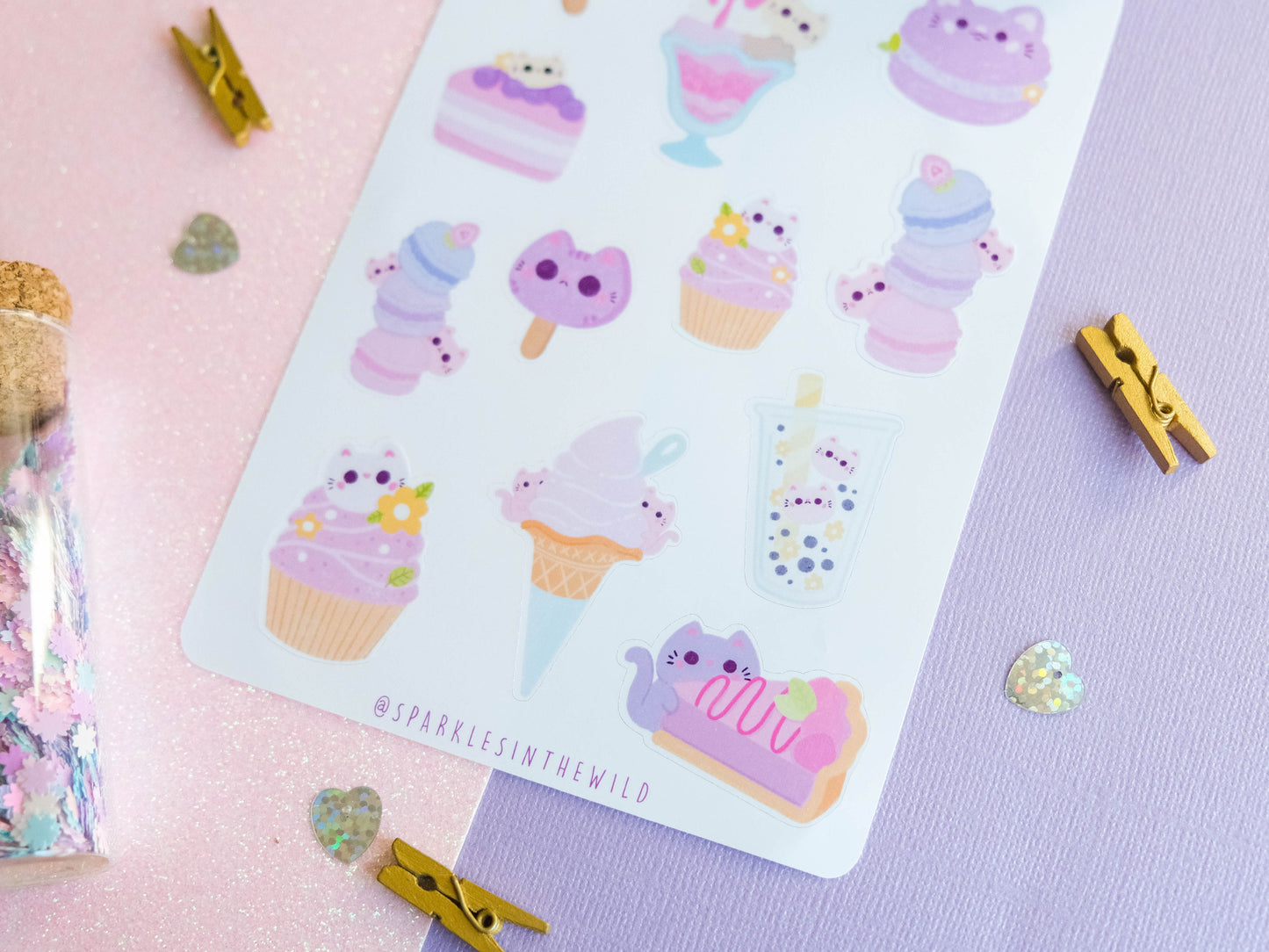 Stickersheet pastel colors water resistant Kawaii Sweets and Bobba with cute cat perfect to decorate bujo and planner