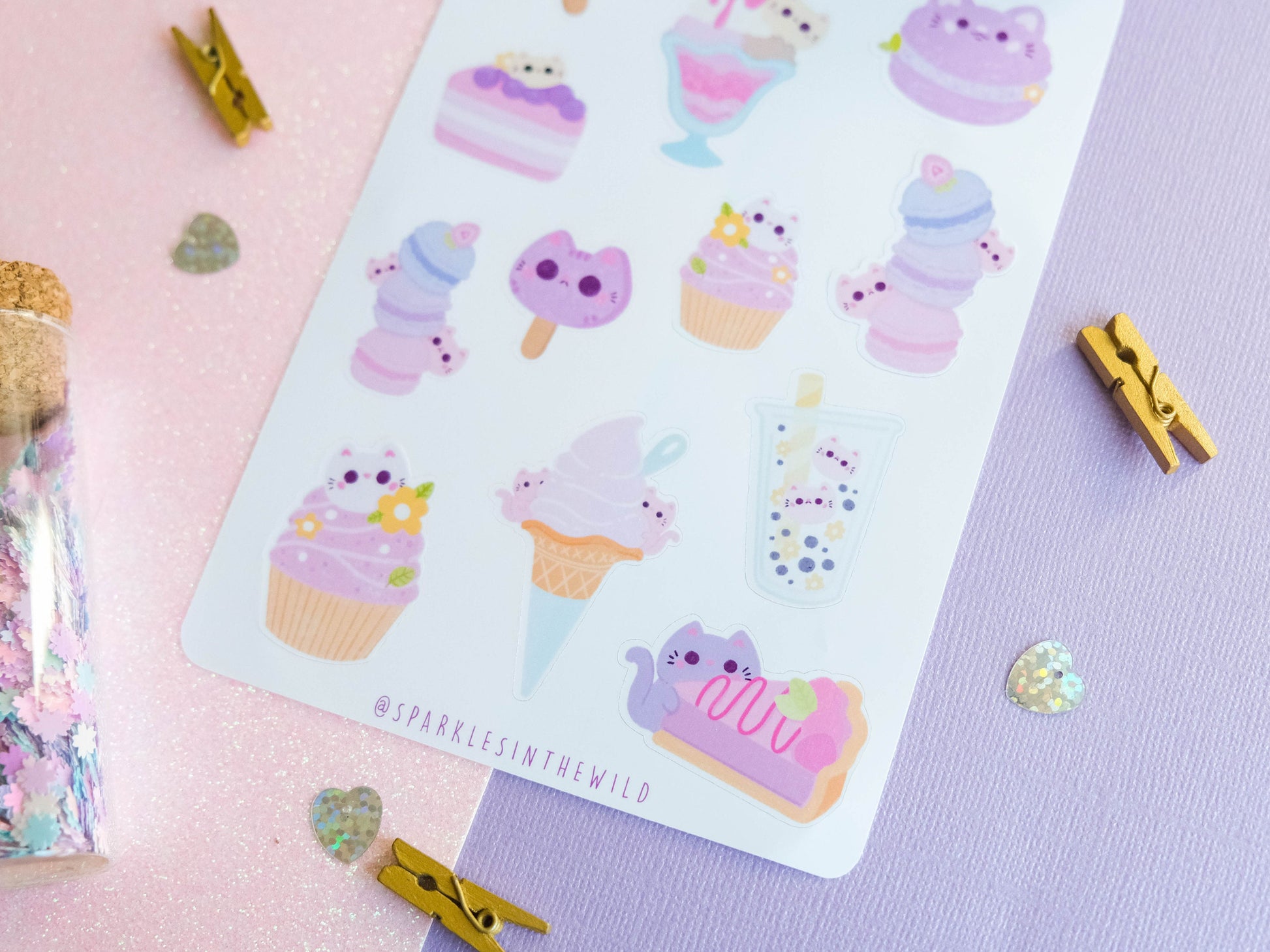 Stickersheet pastel colors water resistant Kawaii Sweets and Bobba with cute cat perfect to decorate bujo and planner