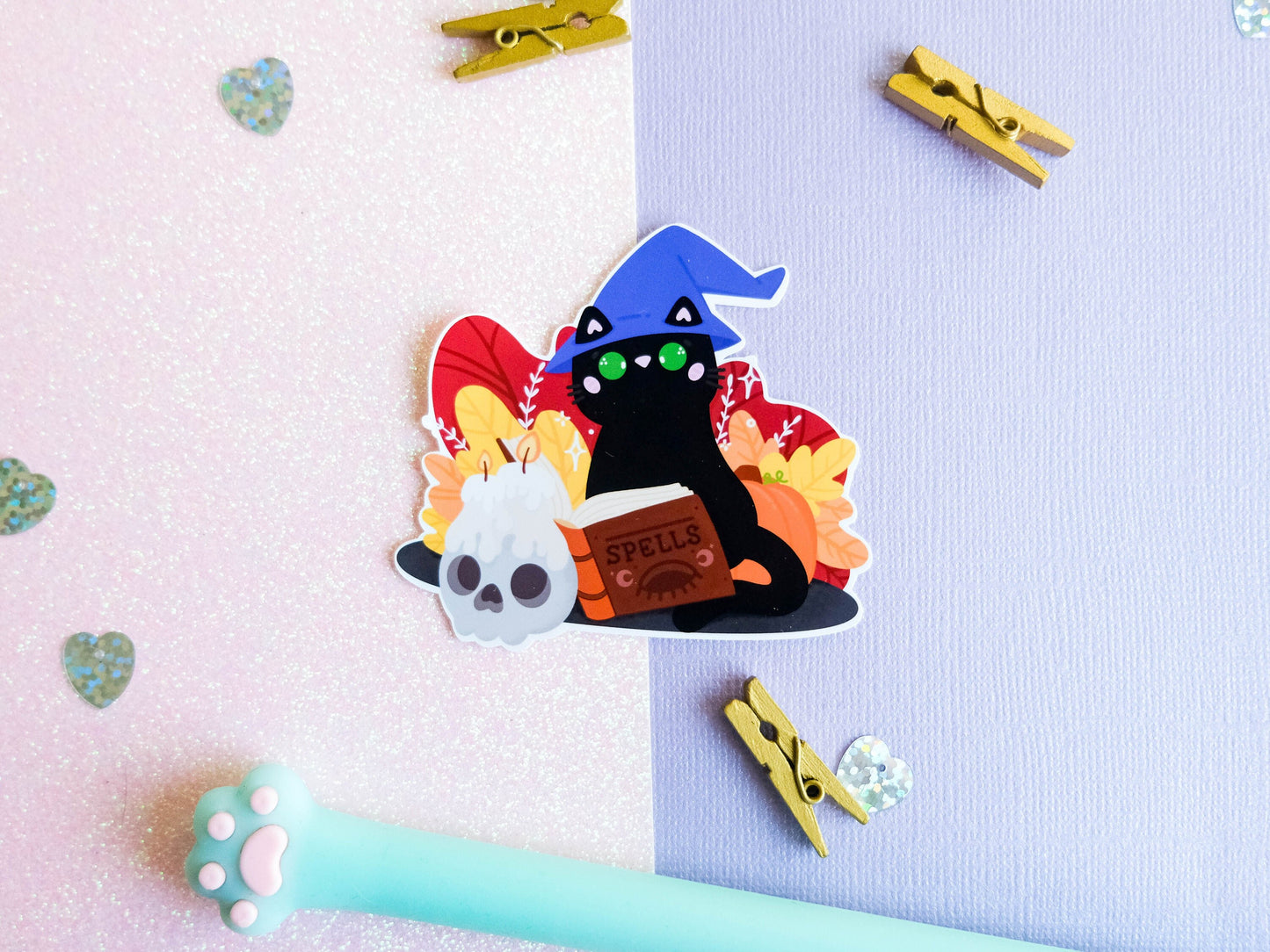 Sticker water resistant Black cat Witch with skulls and potion with Fall colors perfect to decorate your planner