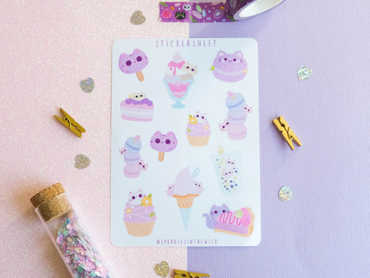 Stickersheet pastel colors water resistant Kawaii Sweets and Bobba with cute cat perfect to decorate bujo and planner