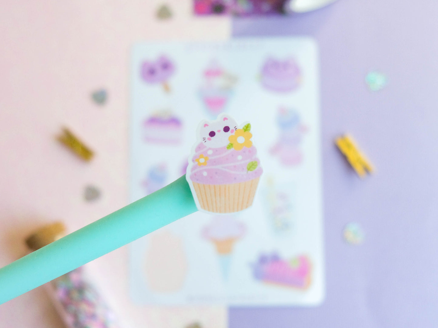 Stickersheet pastel colors water resistant Kawaii Sweets and Bobba with cute cat perfect to decorate bujo and planner