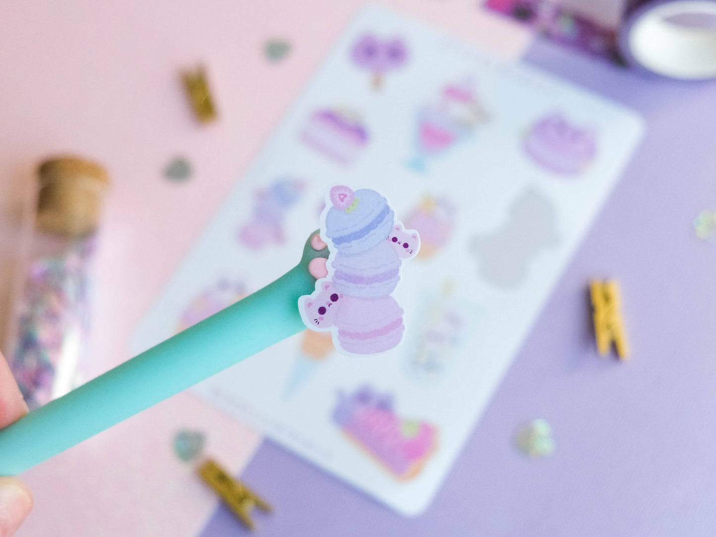 Stickersheet pastel colors water resistant Kawaii Sweets and Bobba with cute cat perfect to decorate bujo and planner